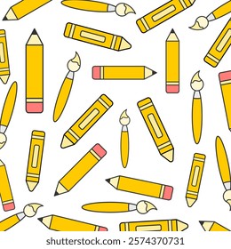 Colorful illustration featuring a seamless background pattern of yellow pencils and paintbrushes. Art projects, school graphics, and educational or artistic concept.