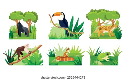 A colorful illustration featuring six different animals in a jungle setting. 
