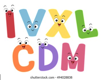 Colorful Illustration Featuring Smiling Mascots Representing the Roman Numerals