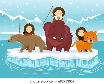 Colorful Illustration Featuring Spear Wielding Stickman Kids In  Caveman Clothing Hunting With A Sabertooth Tiger, A Wooly Mammoth, And A Ground Sloth