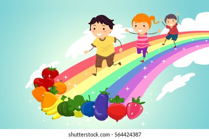 Colorful Illustration Featuring Stickman Kids Racing Towards a  Line Up of Fresh Fruits and Vegetables