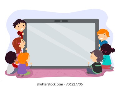 Colorful Illustration Featuring Stickman Kids Gathered Around a Giant Computer Tablet