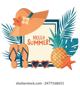 A colorful illustration featuring a summery scene with a straw hat, sunglasses, flip-flops, a pineapple, and tropical leaves. 