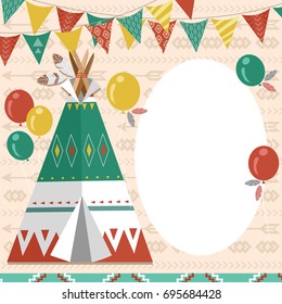 Colorful Illustration Featuring a Tipi Surrounded by Buntings and Balloons