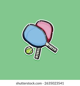 Ilustração colorida com duas pás de tênis de mesa e uma bola contra um fundo verde. Ideal para uso em projetos relacionados a esportes ou projetos de lazer.