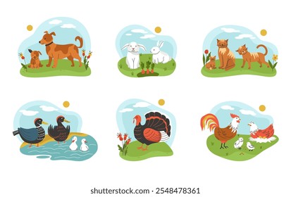 A colorful illustration featuring various animals in a cartoon style. 