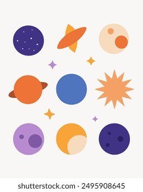 A colorful illustration featuring various celestial bodies, including a sun, planets, a moon, stars, and a comet. This artwork would be perfect for educational purposes or to simply add a touch of whi