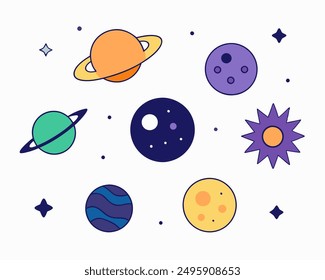 A colorful illustration featuring various celestial bodies, including planets, a star, a moon, and a comet, with a starry background. 