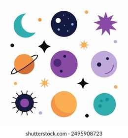 A colorful illustration featuring various celestial bodies, including a moon, stars, a comet, asteroids, and planets. The image depicts a whimsical and imaginative representation of space.