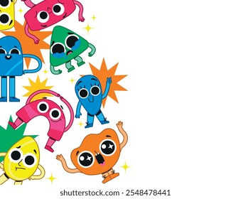 A colorful illustration featuring various cute, cartoonish characters with large eyes and expressive faces.