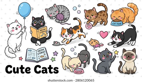 A colorful illustration featuring various cute cats in different playful and endearing situations