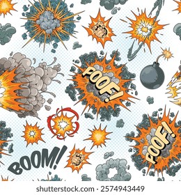 Colorful illustration featuring various explosive elements like blasts smoke clouds and cartoon-style sound effects. This vibrant design showcases a dynamic explosion theme throughout.