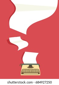 Colorful Illustration Featuring a Vintage Typewriter With Blank Pieces of Paper Flying Over It