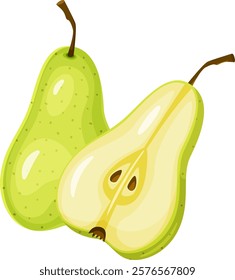 Colorful illustration featuring a whole green pear alongside a halved pear, revealing its core and seeds, all set against a clean white background