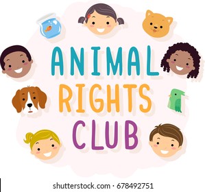Colorful Illustration Featuring the Words Animal Rights Club Surrounded by Cute Kids and Their Pets
