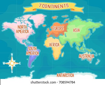 Colorful Illustration Featuring a World Map Highlighting the Seven Continents