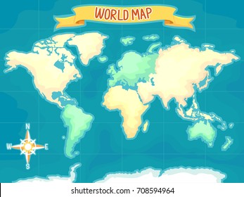 Colorful Illustration Featuring a World Map With a Direction Indicator at the Bottom