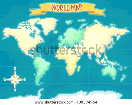 Colorful Illustration Featuring a World Map With a Direction Indicator at the Bottom