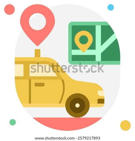 A colorful illustration featuring a yellow car and location markers on a map, ideal for transportation and navigation themes.