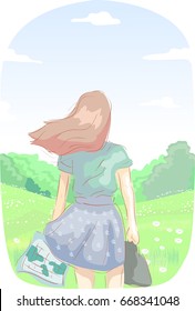Colorful Illustration Featuring a Young Teenage Girl in a Flowing Skirt  Holding a Map While Gazing Over a Lovely Meadow