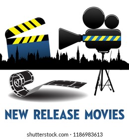 Colorful illustration with film projector, clapboard, film reel and the text new release movies written with capital letters