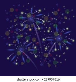 colorful illustration with fireworks on a blue  background
