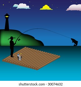 Colorful illustration with a fisherman fishing from a raft