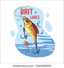 Uma ilustração colorida de uma isca de pesca projetada para pescadores destacando seus ganchos e texturas. O design brincalhão apresenta elementos de água azul no fundo.