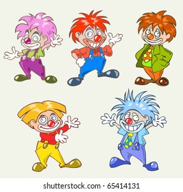 Colorful illustration of five funny clown in a cartoon style