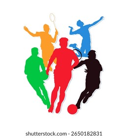 A colorful illustration of five male athletes playing various sports like football, basketball, badminton, tennis, and volleyball. Each silhouette represents energy, movement, and diversity.  Saports