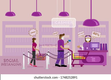 Colorful Illustration In Flat Cartoon Style. Shop Keeper And Customers. Preventive Care To Coronavirus Pandemic, Face Mask, Social Distancing. Big Sale And Promotion, Buy One Get One. 