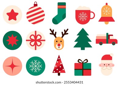 Colorful illustration in flat vector cartoon style. Xmas Tree Geometry: Modern Christmas Elements in Vibrant Flat Cartoon Illustration.