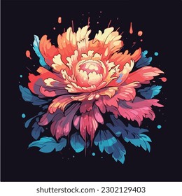 A colorful illustration of a flower with leaves on a dark background. Anime style, manga style, Abstract Digital painted flower.