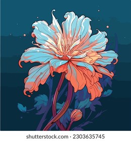 A colorful illustration of a flower with leaves on a dark background. Anime style, manga style, Abstract Digital painted flower.