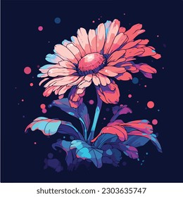 A colorful illustration of a flower with leaves on a dark background. Anime style, manga style, Abstract Digital painted flower.