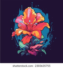 A colorful illustration of a flower with leaves on a dark background. Anime style, manga style, Abstract Digital painted flower.