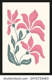 Colorful illustration of flowering plant with pink petals and green leaves in Matisse style. Modern design template with grainy texture for interior decoration, banner, cover, print, poster, card.