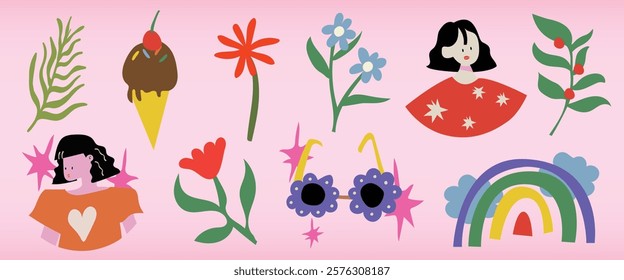 Colorful illustration with flowers, plants, ice cream, and rainbows. Features two cartoon women with black hair. Bright, playful, and whimsical design. Isolated vector set.