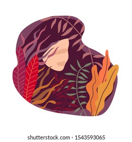 Colorful illustration with foliage and woman's face. Concept of female spirit of nature. Flat vector illustration in purple, pink and orange