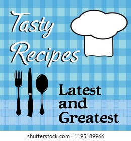 Colorful illustration with fork, knife, spoon and the text tasty recipes written with handwritten letters