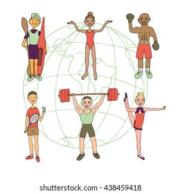 Colorful illustration of four athletes engaged in different kinds of sports - gymnast, boxer, weightlifter, rower. Sweet illustration drawn by hand in cartoon-style