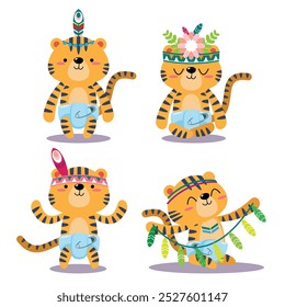 Colorful illustration of four cartoon tigers with tribal decorations, isolated on white. vector illustration.