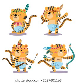 Colorful illustration of four cartoon tigers with tribal decorations, isolated on white. vector illustration.