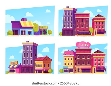 A colorful illustration of four different buildings, including a flower shop, a bakery, and various architectural styles. 