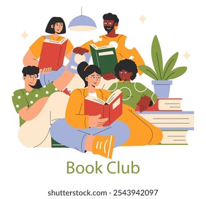 A colorful illustration of friends at a lively book club, sharing stories and laughter in their casual gathering