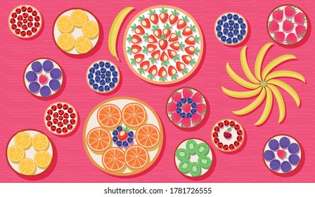 Colorful illustration of fruit dishes standing on the table. View from above. Slices of lemon and orange. Plums, strawberries, raspberries, currants, blueberries and cranberry, banana and cherry.