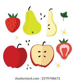 Colorful illustration with fruits and floral elements on white background.