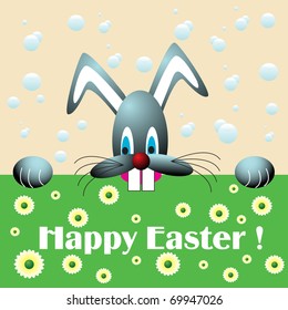 Colorful illustration with funny easter bunny wishing Happy Easter