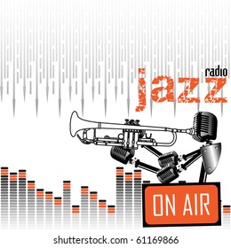 Colorful illustration with funny man made from microphones singing at a trumpet. Jazz radio theme