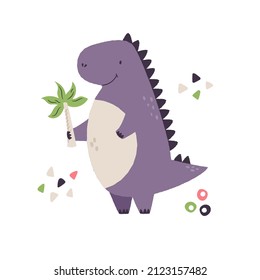 Colorful illustration of a funny purple dino. Cute image with hand drawn effect in a flat style